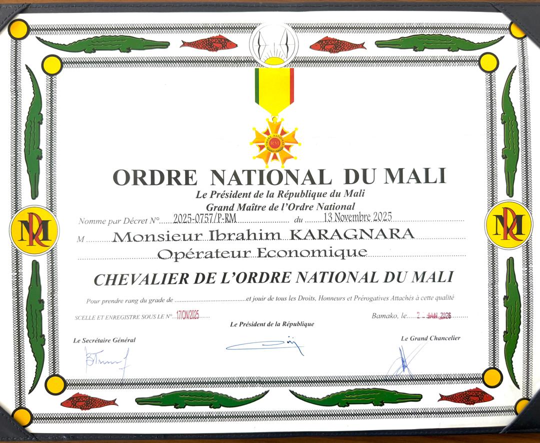Distinction honorifique : Ibrahim Karagnara élevé au rang de Chevalier de l’Ordre national par le Président de la Transition
